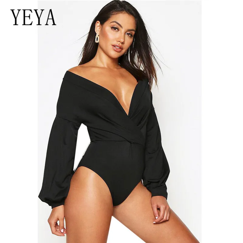 

YEYA Sexy Bodycon Bodysuits Long Sleeve V-neck Hollow Out Basic Black Overalls Women Autumn Beach Party Club Elegant Playsuits