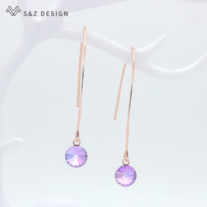 S&Z DESIGN New Fashion Long Round Colorful Crystal Dangle Earrings For Women Girl Wedding Jewelry 585 Rose Gold Color Eardrop