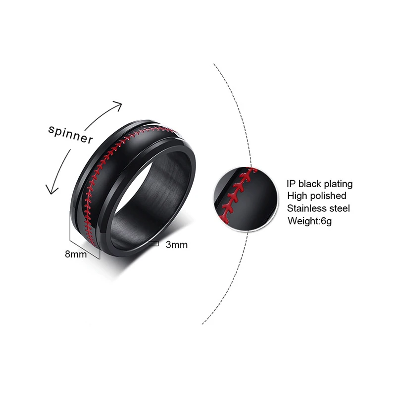 Vnox Spinner бейсбольный Ститч кольцо для мужчин черный нержавеющая сталь вращающийся спортивный бейсбол Lover ювелирные изделия