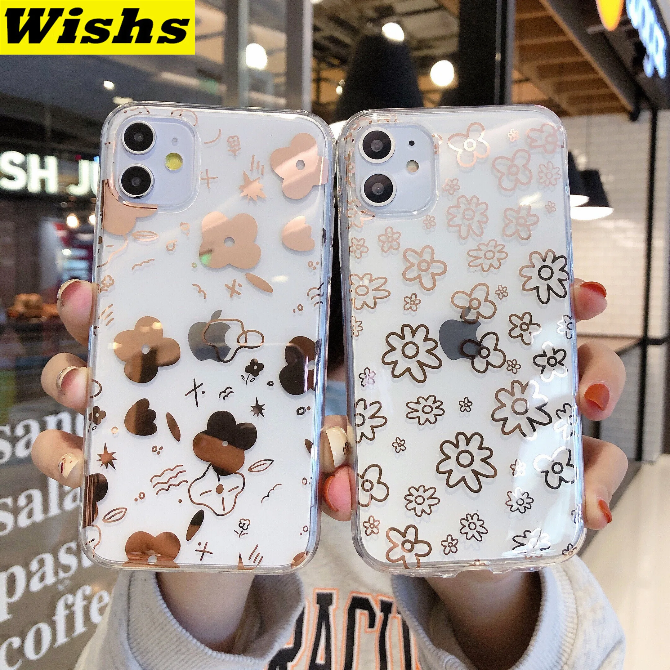 

Cute Gold Flowers Phone Case For iPhone 7 8 6 6s Plus 11 Pro X XR XS Max Transparent Electroplated Soft TPU Silicone Back Cover