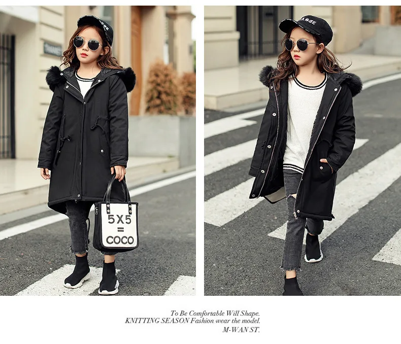 Длинное зимнее пальто для девочек утепленная детская одежда для девочек куртка с капюшоном модные теплые пальто с подкладкой из хлопка на подкладке; детская верхняя одежда;-30 градусов