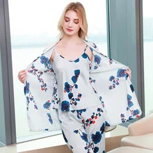 Женские милые элегантные шелковые пижамы, комплект из 3 предметов, тонкие принтованные брюки на бретельках, халат, костюм, повседневные свободные удобные пижамы