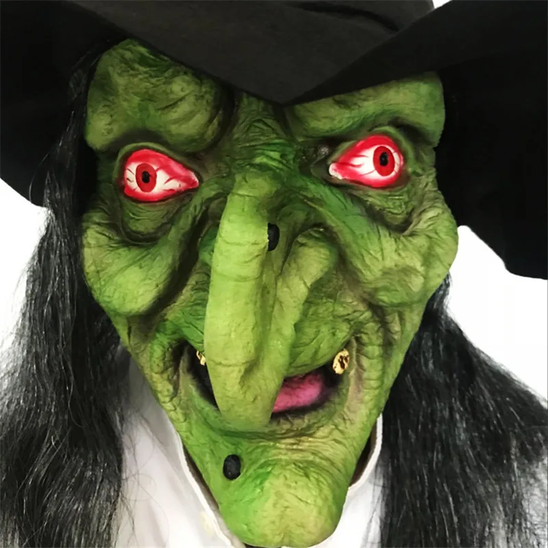 Halloween Green Face Witch Horror Mask Head Long Hair Scary Latex Mask Headband Black Hat Dance Show Performance Props HW51 (5)