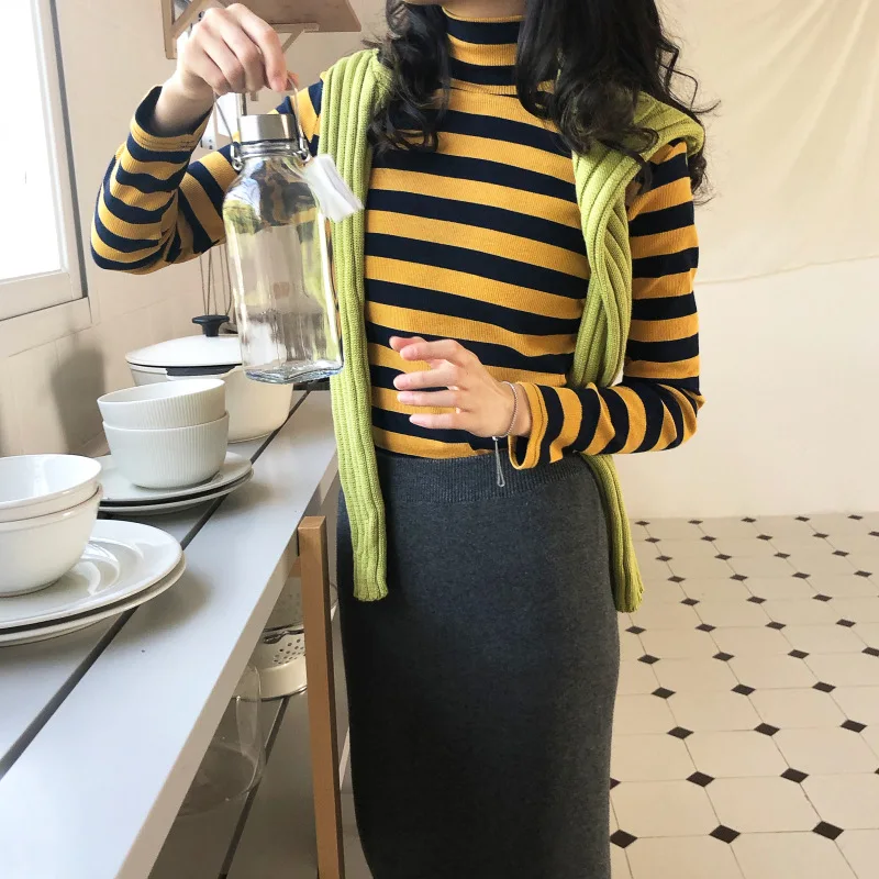 

Fall 2019 New Korean Black Shirt Women Edition Fashion Colour Stripe Long Sleeve T-shirt Women