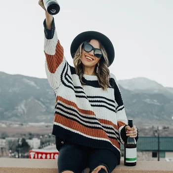 

Women's Multicolor Knitting Sweater Pullover Patchwork Cotton Blend Sweaters Female 2019 Winter Fashion Striped Pullovers Femme