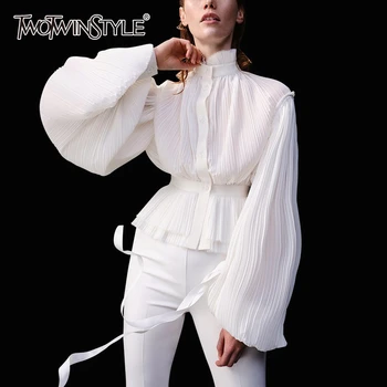 

TWOTWINSTYLE Causal Chiffon Ruched Women's Blouses Turtleneck Lantern Long Sleeve Tunic Shirts Female 2020 Fashion Clothing Tide