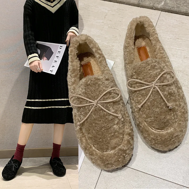 

Single Shoes Women's Autumn 2019 New Style Versatile Bow Flat Moccosins plus Velvet Casual Low Top Slip-on Fluffy Shoes