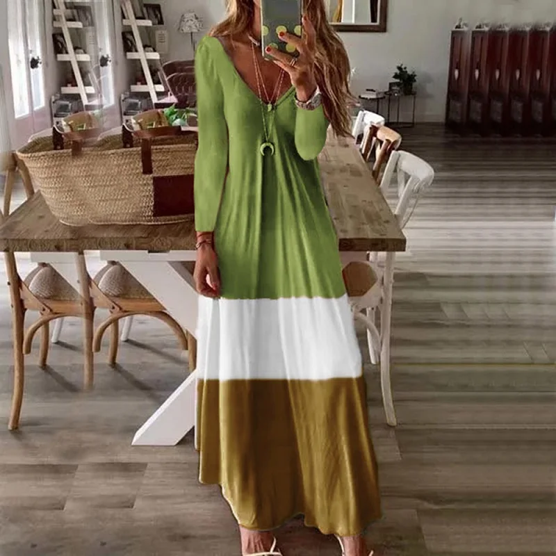 Women v neck long sleve patchwork maxi dress robe tunique Green red gray long tunic dress fall 2019 women dress sukienka