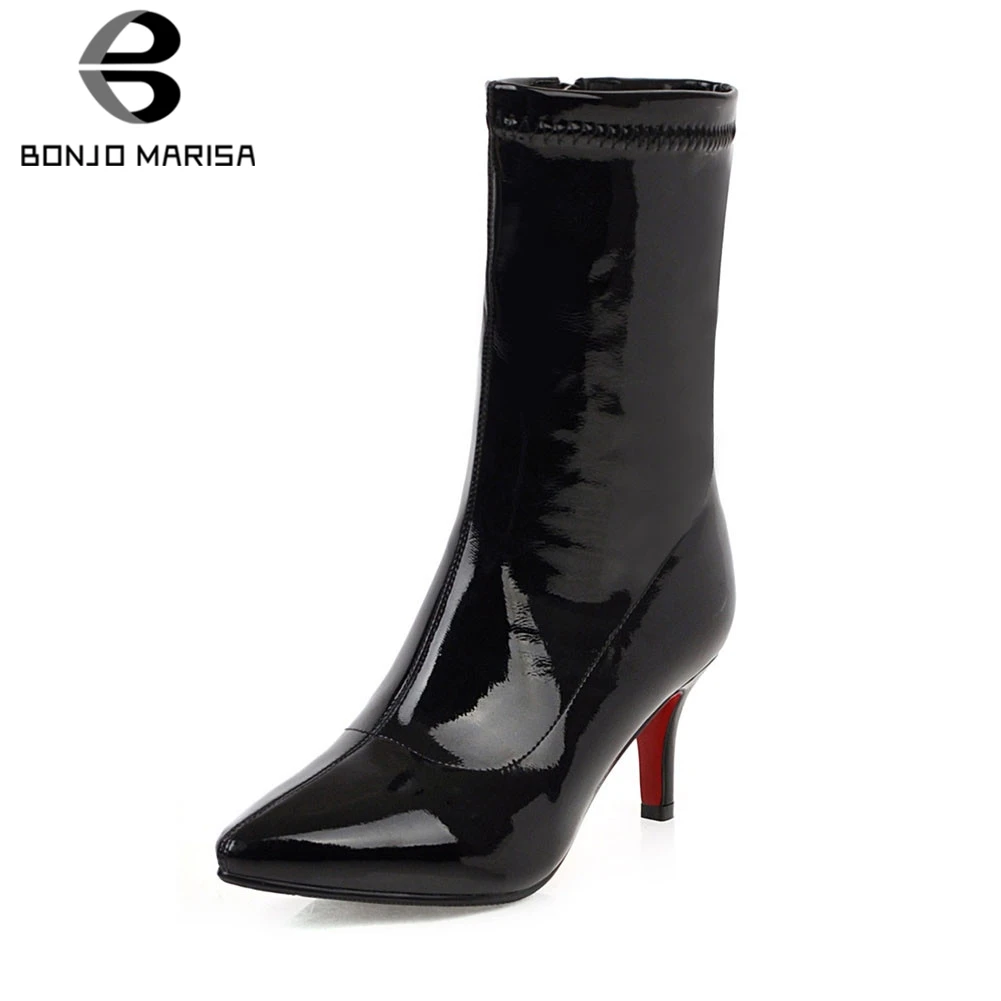 

BONJOMARISA Brand New Big Size 32-43 Pointed Toe Patent Pu Ladies High Heels Shoes Woman Casual Party Sexy Mid Calf Boots Women
