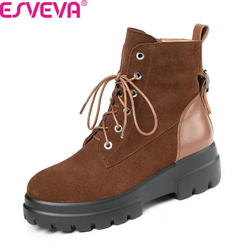 

ESVEVA 2020 Round Toe Middle Heel Zipper Lace Up Ankle Boots Patchwork Cow Suede Cow Leather Platform Women Shoes Big Size 34-42