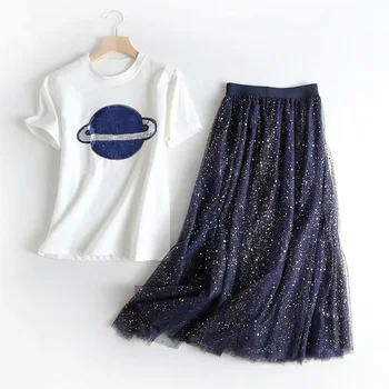 

Casual Women's Sets 2020 Spring Summer New Crew Neck Sequin Planet White T-shirt Elastic Waist Blue Gauze Skirt Sets