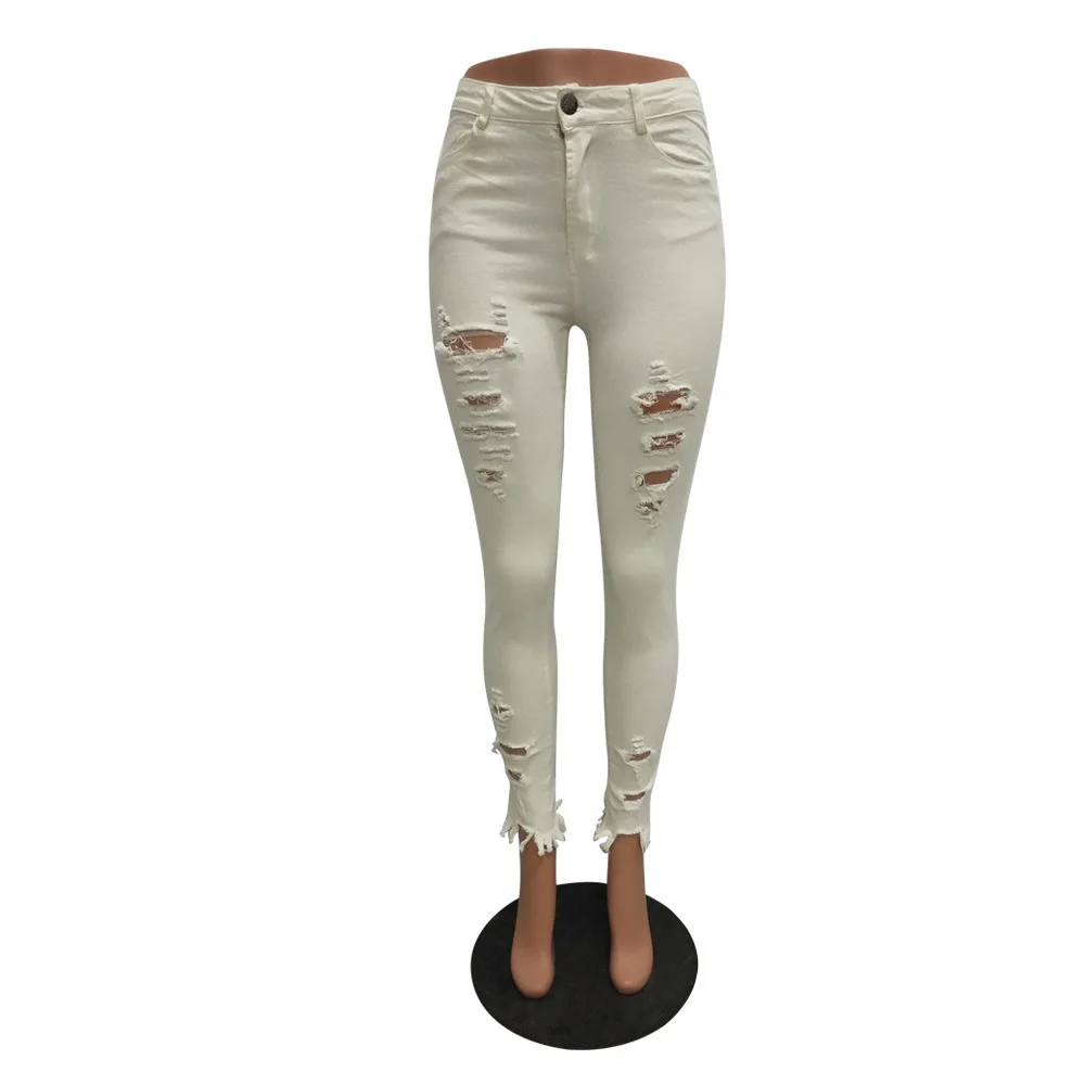 Женские неоновые рваные джинсы с высокой талией, женские обтягивающие брюки-карандаш, сексуальные уличные джинсы с дырками, узкие Стрейчевые джинсы