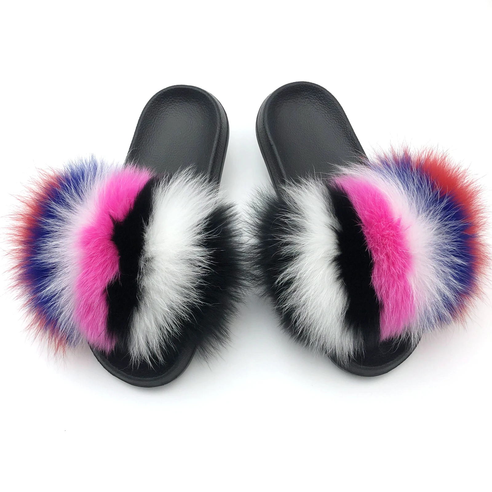 Fur Slippers House-Shoes Slides Flat Sandals Real-Fox-Fur Fluffy Female Home-Furry Women