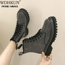 Зимняя женская обувь классические ботинки «мартенс» женские слипоны, на толстой подошве, стразы на шнуровке круглый носок обувь на среднем каблуке для снежной погоды; botas; женская обувь mujer X963