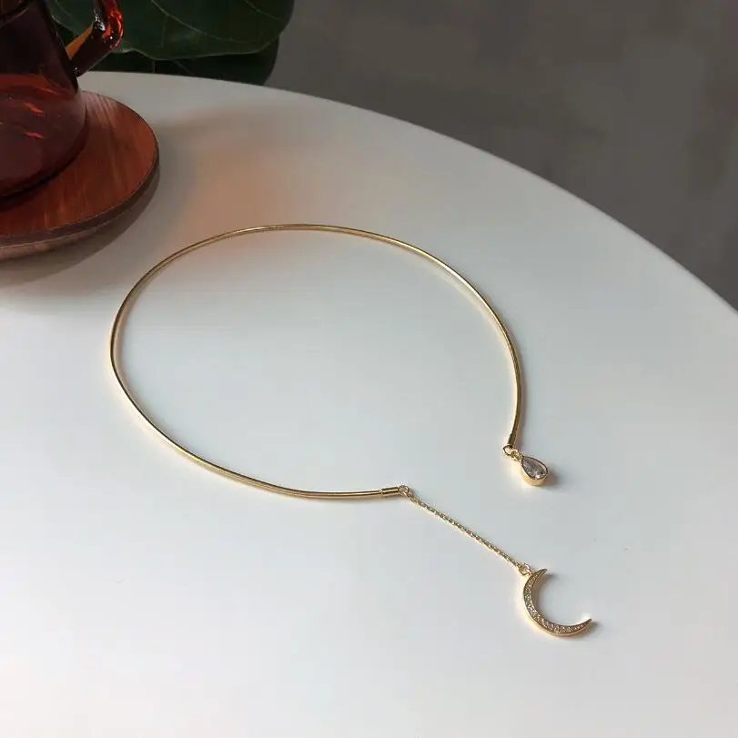 925 Sterling Silver Zircon CZ Cresent Moon Pendant Teardrop Open Necklace Girls Gold Choker Collar Necklaces Summer Jewelry 2019 | Украшения