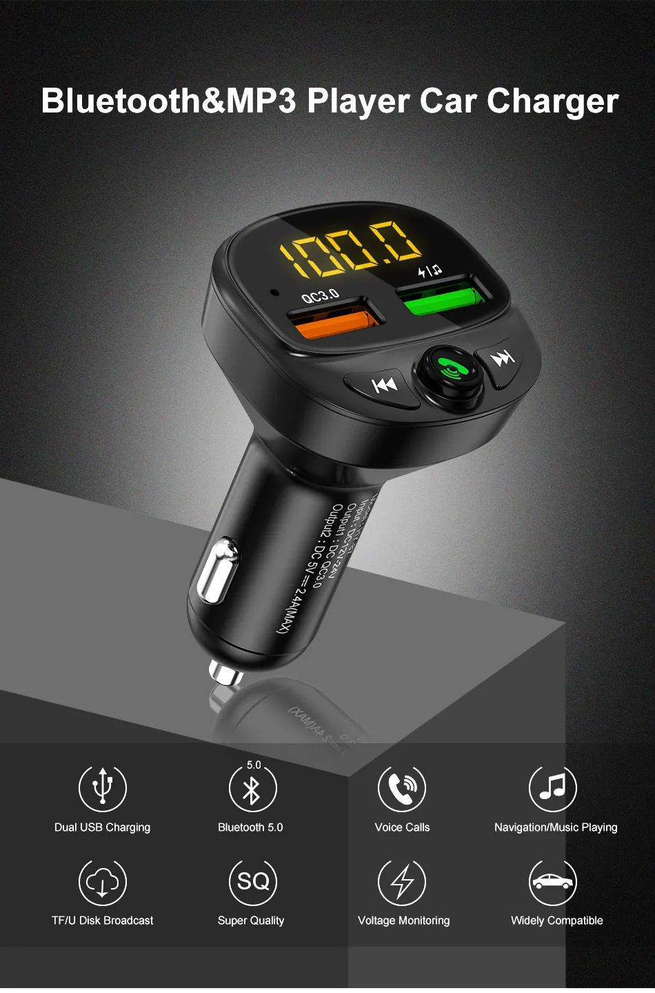 Автомобильный Mp3 музыкальный плеер, Bluetooth, двойной USB порт, автомобильное зарядное устройство, быстрая зарядка телефона для iphone, U диск и TF карта, музыкальный плеер без потерь