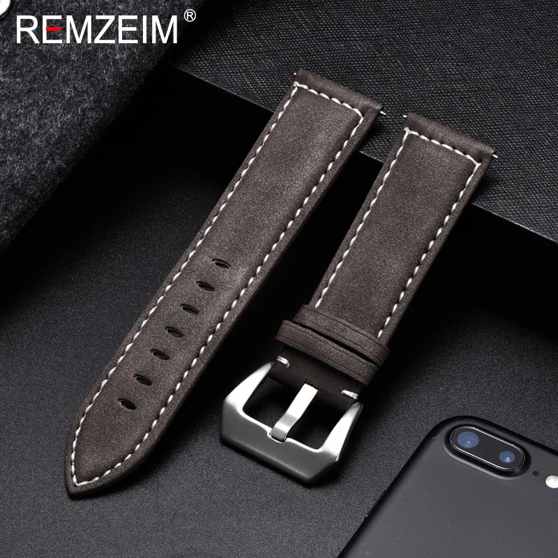 Bracelet Watchband Leather Strap 18mm REMZEIM 20mm Vintage 24mm 22mm Solid-Buckle Brown