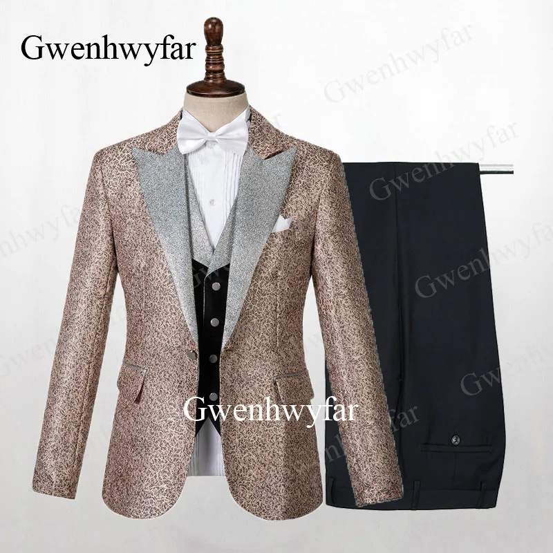 color 2 Gwenhwyfar, мужские смокинги, на заказ, трещины, камень, жаккардовые костюмы, пиковая куртка с лацканами, бархатный жилет, черные штаны, облегающие смокинги для свадьбы - Цвет: color 2