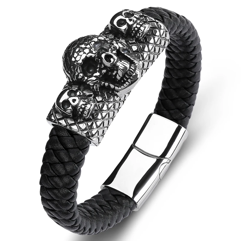 

Retro Punk Jewelry Braided Leather Bracelet for Men Three Skulls Bangles Stainless Steel Magnet Clasp Male Trendy Wristband P148