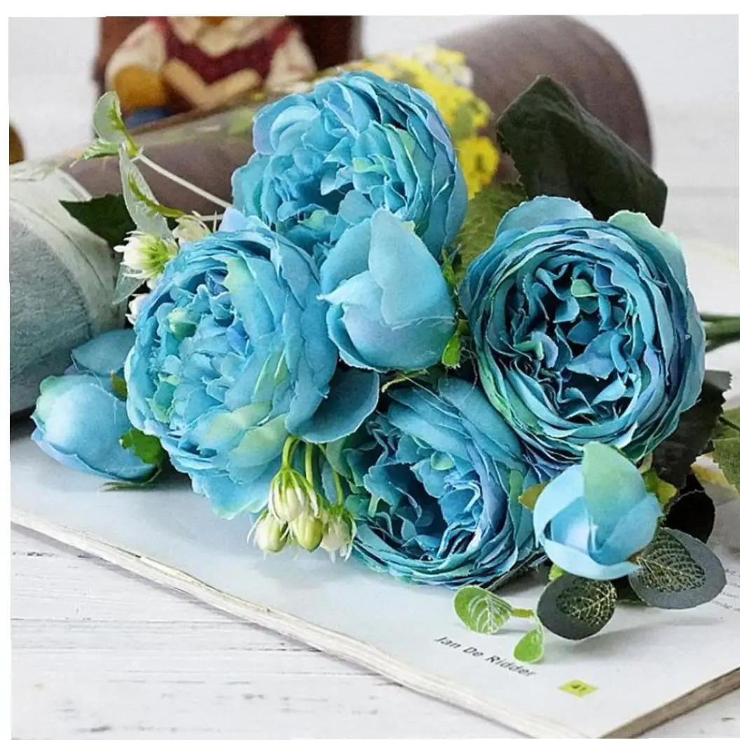 Artificial Peony Flowers with 5 Flower Heads Real Touch Silk Flowers Simulation Peony Flowers for Wedding Home Decoration - Blue
