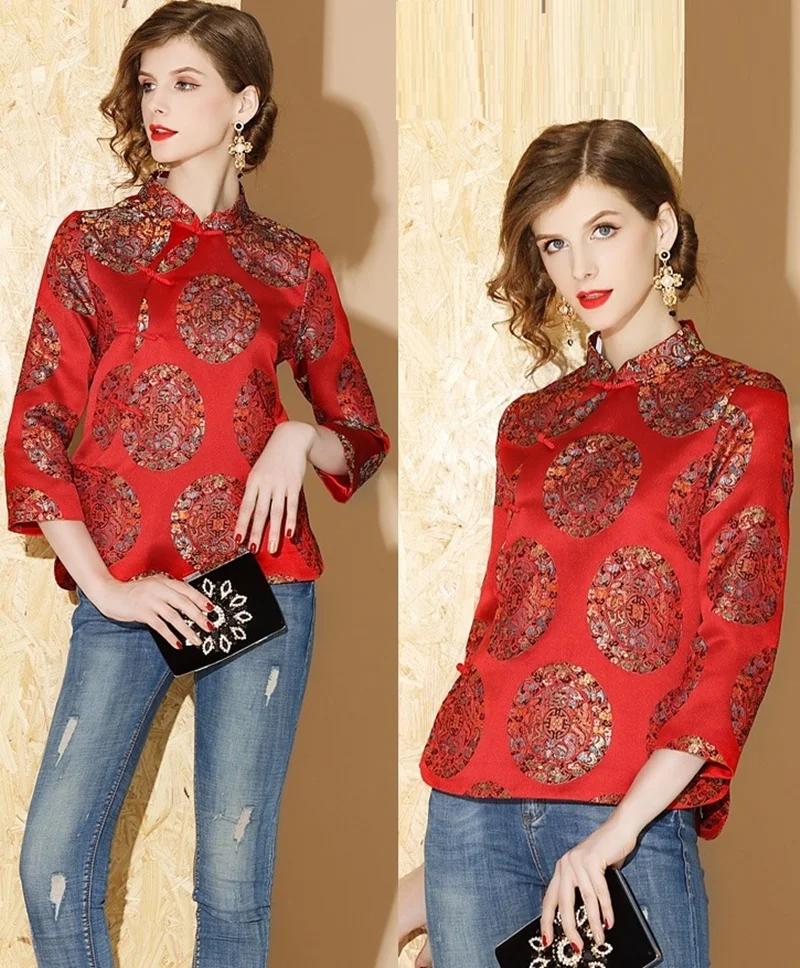 Chinese Cheongsam Tops For Women Traditional Chinese Blouse Shanghai Tang Clothing Red Yellow Chinese Fashion Clothes TA2149