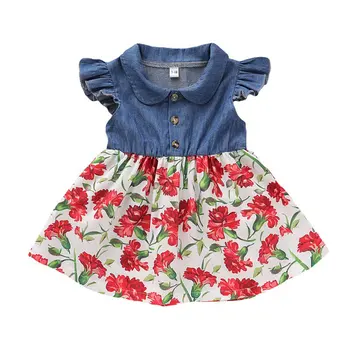 

Baby Girls Patchwork Denim Dress Summer Toddler Girl Casual Patchwork Dresses Flower Print Flare Sleeve daresses