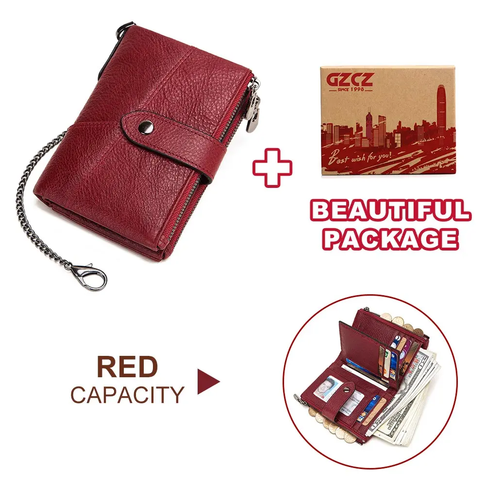 889-red-chain-box Genuine Leather Women Wallet GZCZ Casual Men Wallet Women Long Wallet In Women`s Wallet and Purses Retro Rfid Women Short Wallet - Цвет: 889-red-chain-box