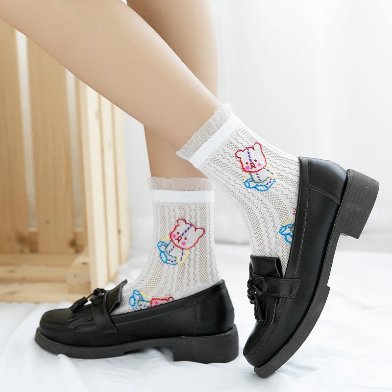 

Lace-edged bear colorful women socks Summer ultra-thin mesh socks kawaii beautiful princess style
