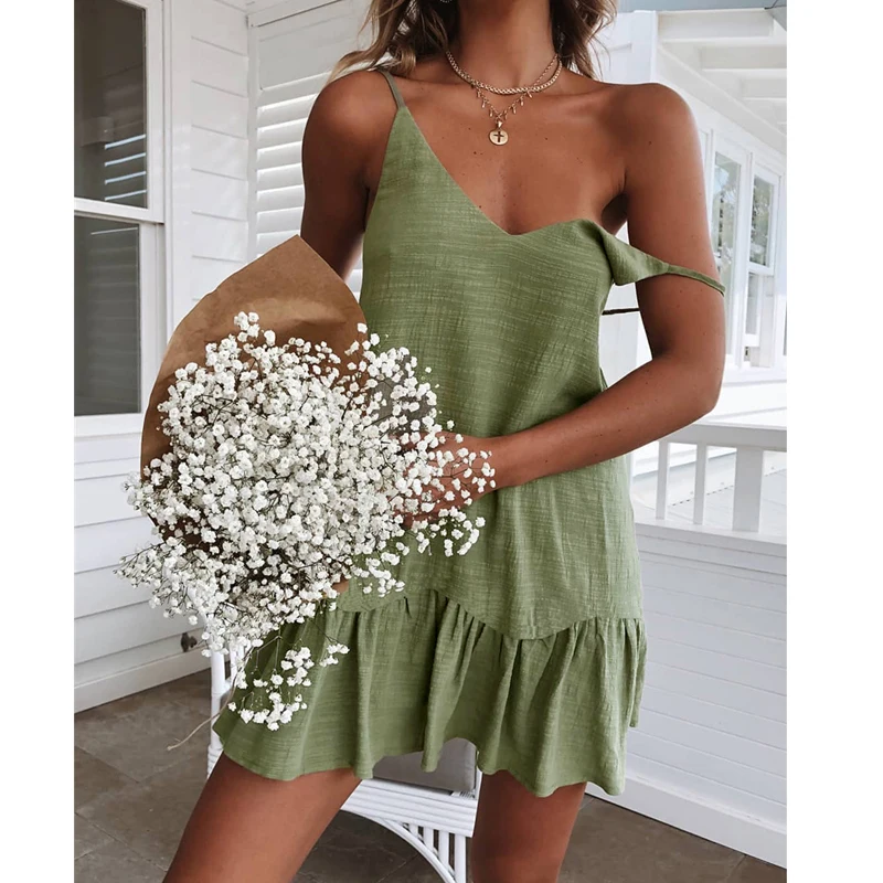 

vestido mujer verano Summer V Neck Mini Dress Strappy Backless Ruffle Solid Beach Party Casual Loose Sundress slip dress