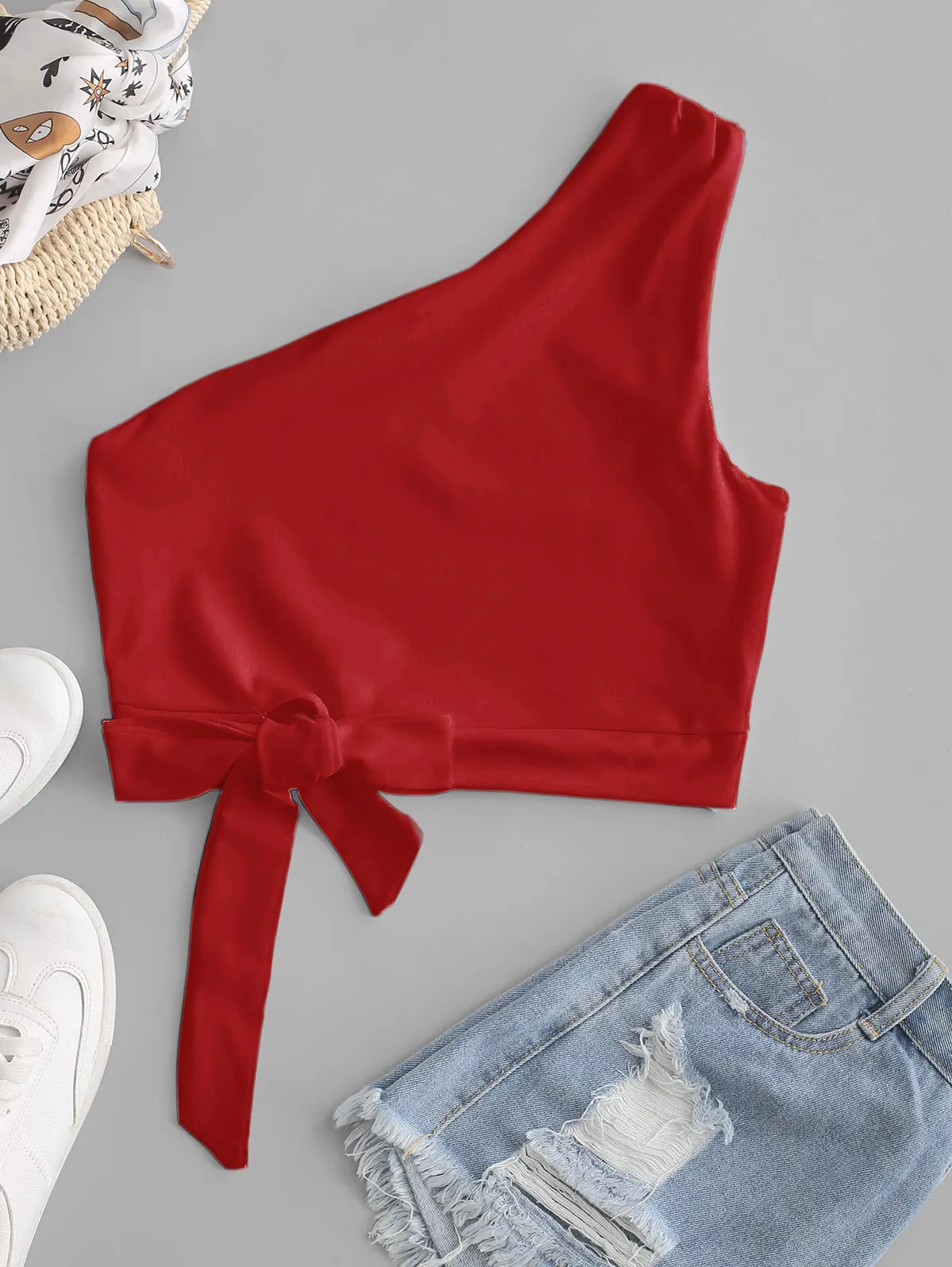 ZAFUL, однотонная майка с круглым вырезом на одно плечо, женская повседневная короткая рубашка, галстук, сексуальные топы, летняя шикарная Женская одежда, уличная одежда