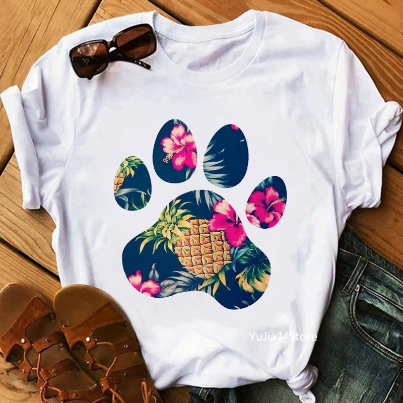 

Pineapple Flower Cat Paw Print T-Shirt Women Clothes 2024 Funny White Tshirt Femme Harajuku Kawaii T Shirt Female Summer Tops