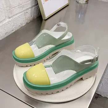 

2020 spring and summer new round head patent leather thick heel sandals thick bottom word buckle cute candy color women's shoes