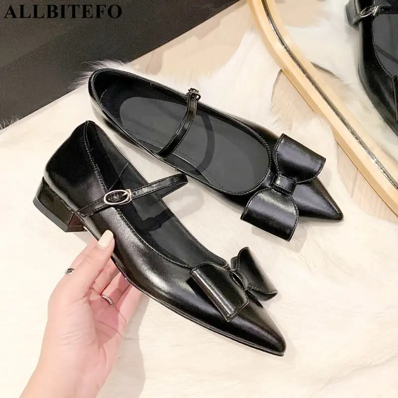 

ALLBITEFO Pure Colour Butterfly-knot Fashion Casual Genuine Leather Street Low Heel Shoes Girls Sweet Women Heels Shoes