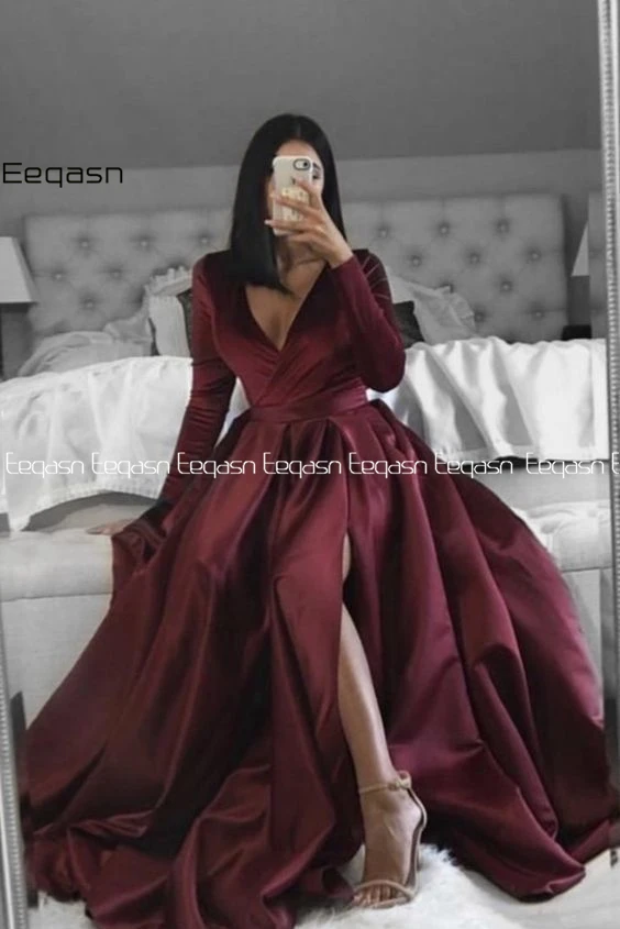 hot pink prom dress Eeqasn Elegant Burgundy Prom Dress Long Sleeve A Line V Neck Sexy High Slit Satin Evening Dresses Party Gown robe de soiree ball gown prom dresses