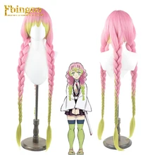 Ebingoo, новинка, парики для косплея, Demon Slayer Kanroji Mitsuri, Kimetsu no Yaiba, длинные, розовые, разноцветные, зеленые, косы, парик для косплея, синтетические волосы