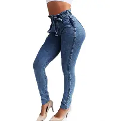 Новинка 2019, модные джинсы размера плюс с поясом, высокая талия, обтягивающие джинсы для женщин, Стрейчевые джинсы с кисточками, длинные