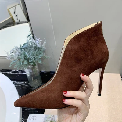 Kid Suede brown Новинка; модные пикантные тонкие сапоги из ТПУ с молнией сзади и прозрачной пленкой; сапоги на высоком каблуке; - Цвет: Kid Suede brown