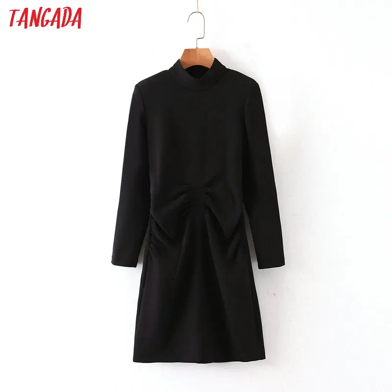 

Tangada fashion women black pleated dress turtleneck Long Sleeve elegant office Ladies tunic mini Dress Vestidos QB64