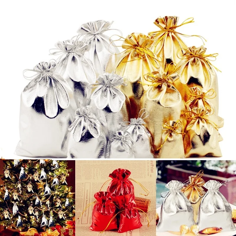

20pcs Christmas Ornaments Gold Silver Red Metallic Organza Drawstring Pouches Candy Gift Bag Christmas Tree Decorations for Home
