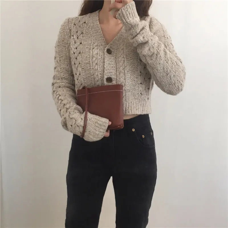 HziriP Vintage All-Match V-Neck Sexy Cardigans Twisted Hollow Out Fashion Slim Loose Knitted Women Casual Tops Short Sweaters