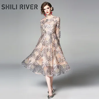 

New spring summer lace midi dress for women a line half sleeve slim casual elegant cute flower floral embroidery pleated dress