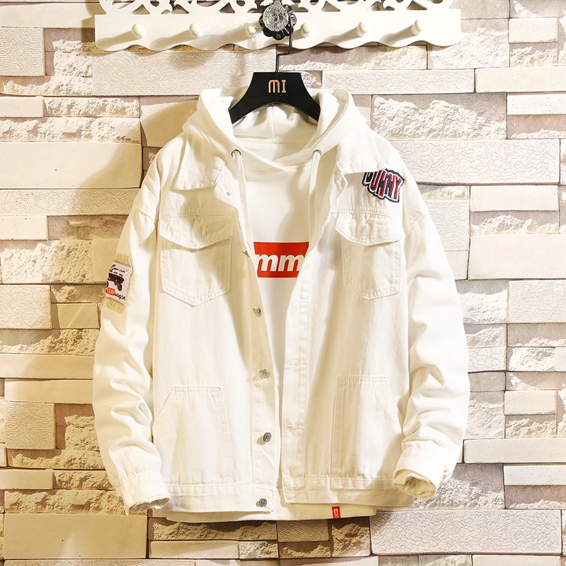 

HCXY 2019 Korean Spring Autumn Men's Jean Jacket Man White Black Denim Jacket Loose Hole Handsome Tide Denim Clothing Men