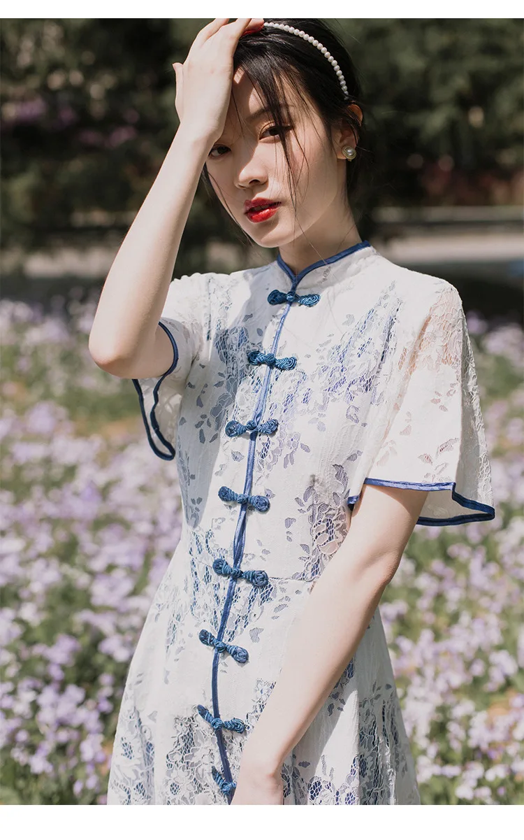 Летний Стиль Ретро китайский стиль синий и белый фарфор улучшенный Cheongsam Элегантность свежее кружевное Открытое платье
