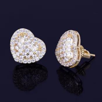 

Hip Hop Iced Out Bling Heart Stud Earrings With Screw back Gold Silver Color Micro Pave CZ Earrings For Men Women Jewelry Gifts