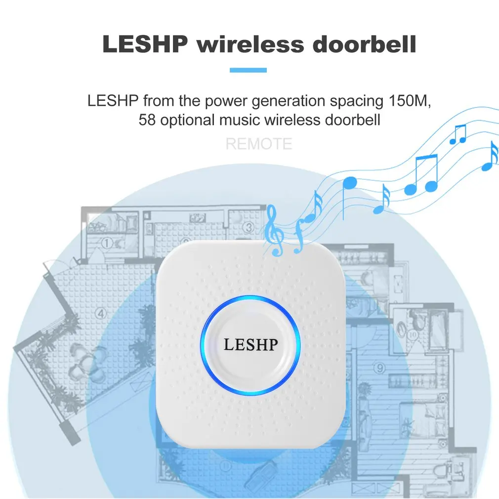 LESHP простой в установке беспроводной музыкальный дверной звонок 150 м дальний пульт дистанционного управления ночной Светильник 58 частей аккорд музыки