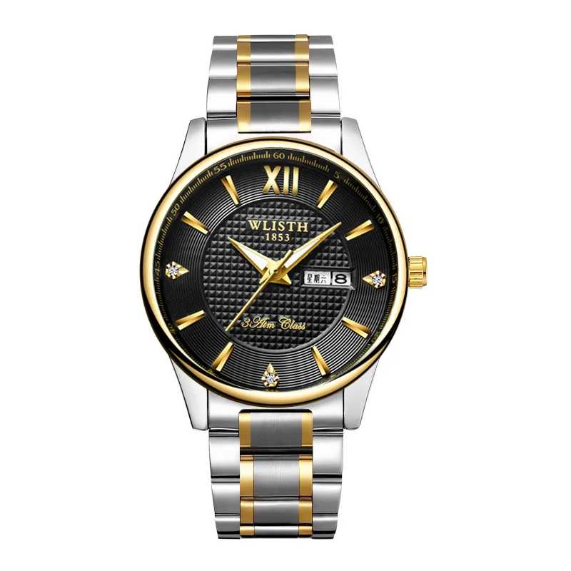 Men's Calendar Waterproof Couple Stainless Steel Band Belt Quartz Watch Men's Fashion Business Casual Women's Quartz Wrist Watch - Color: Gold