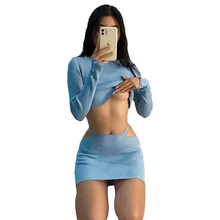 

Women Sky Blue Knit 2Pcs Set Casual Solid Long Sleeve Round Neck Crop Top High Waist Hollow Hip Slim Mini Skirt for Autumn