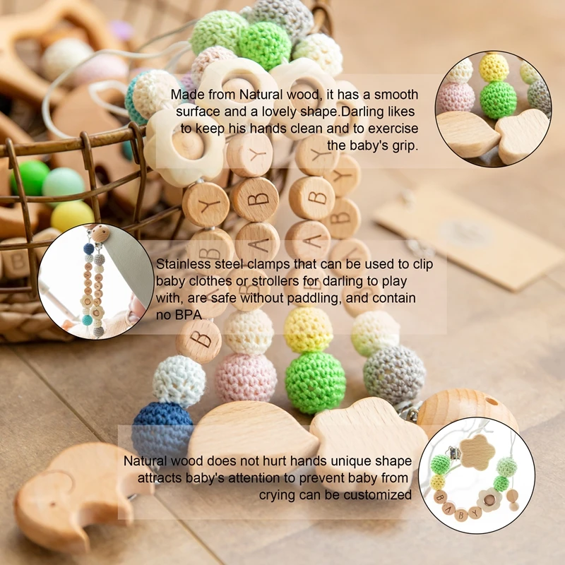 1pc Baby Schnuller Kette Blume Schnuller Clips Häkeln Perlen Holz Nippel halter personal isierte Alphabet Perlen Baby Beiß kette – Detail 3