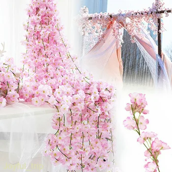 

Silk Sakura Cherry Blossom Vine Lvy Wedding Arch Decoration Layout Home Party Rattan Wall Hanging Garland Wreath Slingers