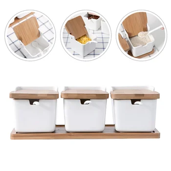 

1 Set 3 Pcs Chic Storage Jars Square Chili Pots with 3 Spoons and Wood Lids